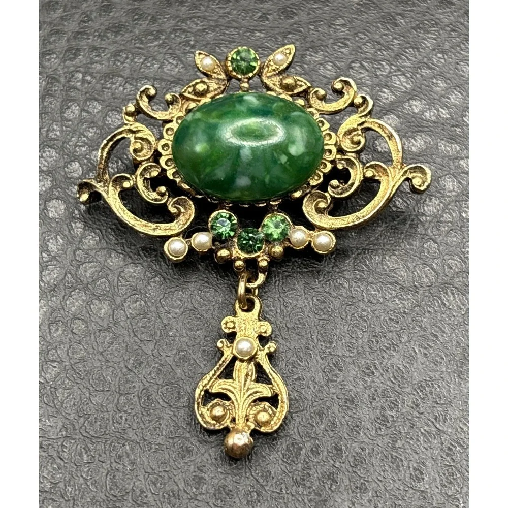 Vintage Marbled Green Cabochon Brooch Faux Pearl Rhinestone Dangle Charm
